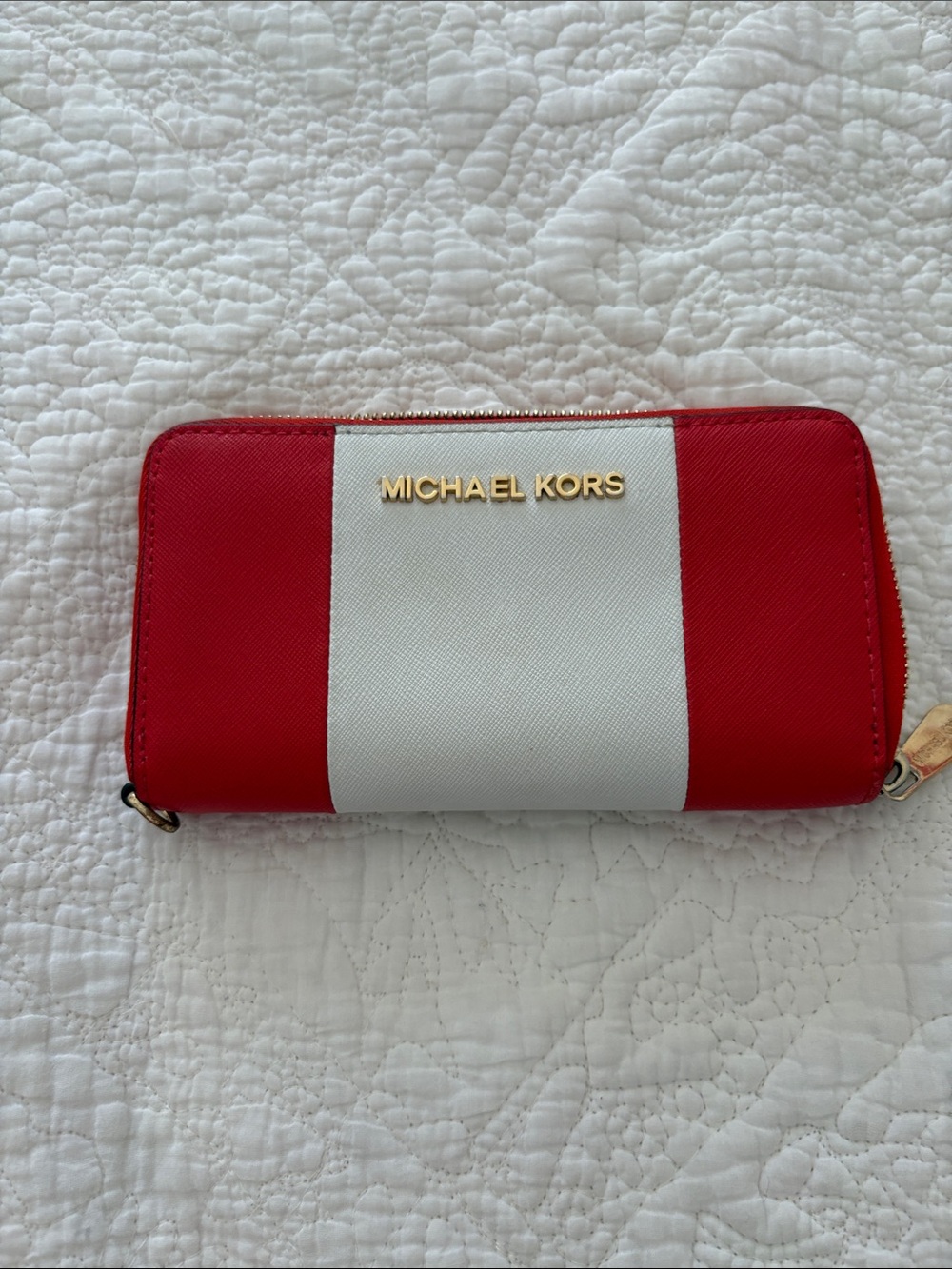 Michael Kors Red and White Colorblock Zip Wallet